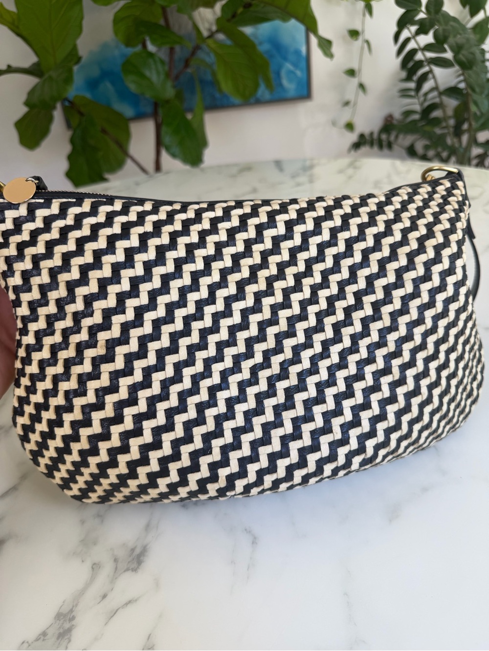 Clare V. Moyen Messenger Bag Black & Cream Woven Zig Zag Leather Crossbody - Picture 14 of 16
